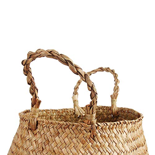 BlueMake Woven Seagrass Belly Basket with Handles for Storage Plant Pot