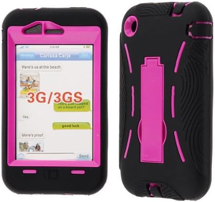 Premium - Apple iPhone 3G / 3GS - Black Silicone Skin on Solid Hot Pink Hard Cover Kickstand Case - Faceplate - Case - Snap On - Perfect Fit Guaranteed