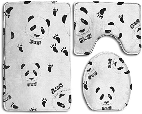 Bathroom Non-Skid Carpet Bath Rugs 3 Pieces Set Water-Absorbing Cute Panda Footprint Flannel Toilet Floor Bath Mats Contour Rug Lid Cover