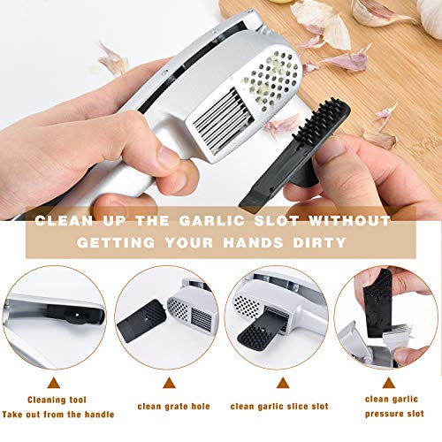 Garlic Press, 2 in 1 Garlic Mince and Garlic Slice with Garlic Cleaner Brush and Silicone Tube Peeler Set- Aluminum Alloy Garlic Crusher and Slicer- Durable and Easy to Clean