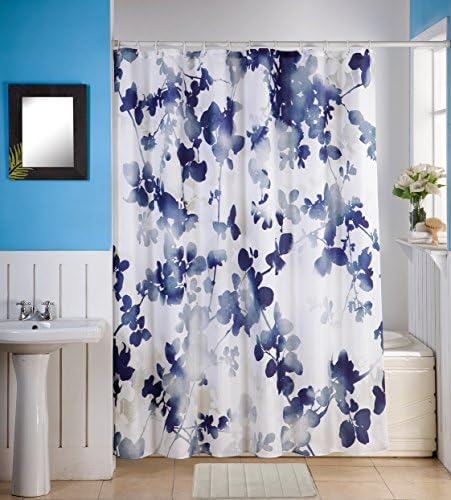 SkyMoving Luxury Style 14-Piece Bathroom Accessory Set: 1 Bath Mat 18L x 28W, Shower Curtain 70W x 70L &amp; 12 Shower Curtain Rings (Blue Floral)