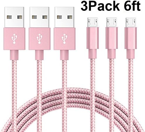 AOSON Micro USB Cable [3pcs 6ft] Braided Fast Charger Cordsfor Samsung USB Cables/Android Cables - Micro USB Charging Cables for Galaxy S7/S6/S5,Note 5/4/3,HTC,LG,Nexus Sony (3X6ft Pink)
