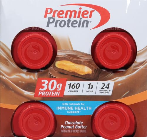 PREMIER PROTEIN SHAKE, CHOCOLATE PEANUT BUTTER, 30G PROTEIN, NO ADDED SUGAR, 24 VITAMINS & MINERALS TO SUPPORT IMMUNE HEALTH, 11 FL OZ, 4 PACK (PACKAGING MAY VARY)