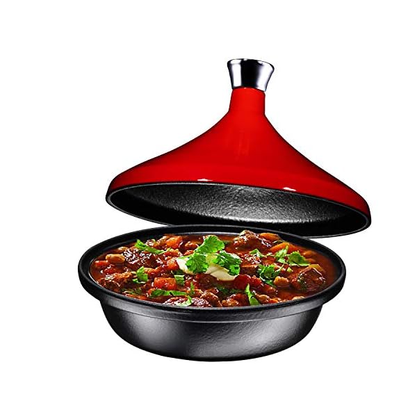 Bruntmor Fire Red Cast Iron Moroccan Tagine 4Quart Cooking Pot with Silver knob, Enameled Base