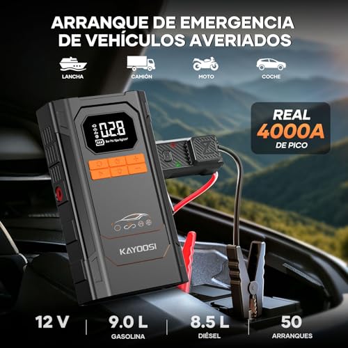 Kayoosi Arrancador de Batería de Auto Portátil 4000A, Compresor de Aire 150 PSI, 29800mAh, 10 en 1 Jumper para Carro 12V para 10L Diésel, para Autos, Motos, SUV, con Luz LED 600LM