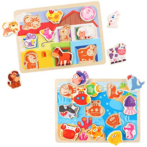 Lewo Wooden Chunky Puzzle Farm and Fish Puzzle Board Preschool Learning Educational Toys for Toddlers (Pack of 2)