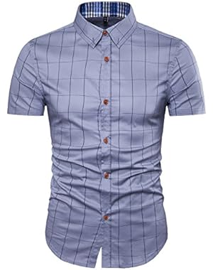 Men's Cotton Short Sleeve Slim Fit Button Down Plaid Dress Shirt W2311