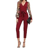 WDIRARA Women's Floral Embroidery Jumpsuit Mesh V Neck Bishop Sleeve High Waist Crop Belted Romper Pants