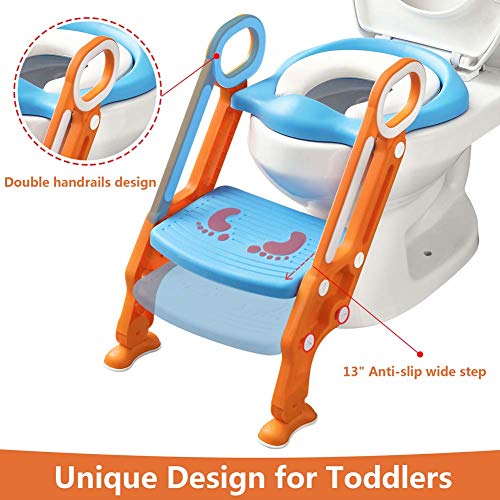 Potty Training Toilet Seat with Step Stool Ladder for Boy and Girl Baby Toddler Kid Children Toilet Training Seat Chair with Padded Seat Non-Slip Wide Step (Blue Orange Upgrade) - Thumbnail 3