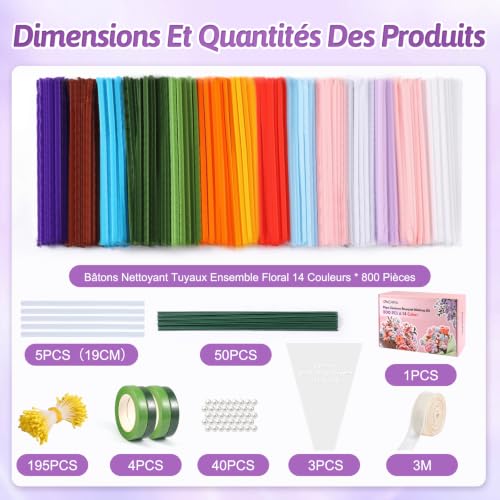 OneAmg 800 Pieces Chenille Thread 14 Colours Cure Pipe Crawler DIY Crafts Includes: Floral Tape, Artificial Stems, Decorative Tape, Beads, Pistils and Hot Glue Sticks | Pipe Cleaners Comprenant : Ruban Adhésif Floral, Tiges Artificielles, Ruban Décoratif, Perles, Pistils et Bâtons,Colle Chaude