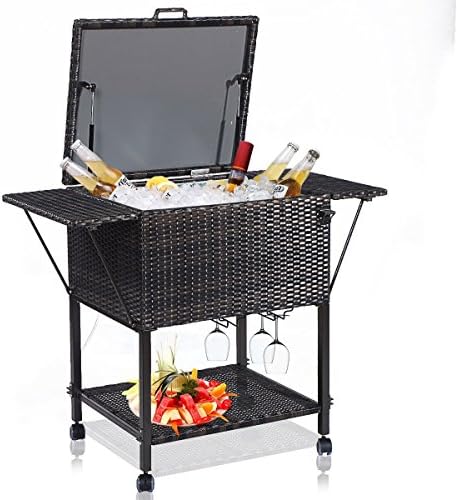 NanaPluz Mix Brown 43.3" Portable Rattan Cooler Trolley Outdoor Cart w/Lower Shelf with Ebook