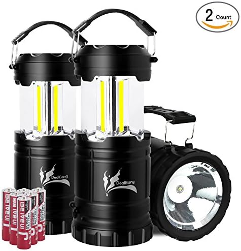 Portable COB Camping Lantern with LED Flashlight, Ultra Bright 300 Lumens COB Lighting Great for Outdoor Activities, Battery Powered Collapsible Camping Equipment Gear Lights (2-Pcs, Black)