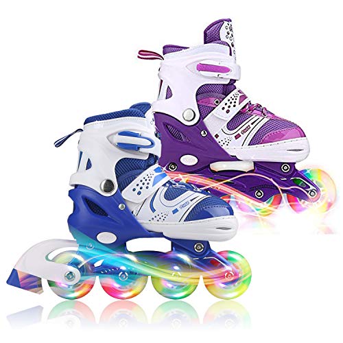 JIFAR Youth Children's Inline Skates for Kids, Adjustable Roller Blades with Light Up Wheels for Girls Boys, Indoor&Outdoor Ice Skating Equipment Medium Size(2-5 US), Blue