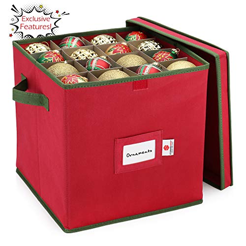 StorageMaid Christmas Ornament Storage Box - Ornament Box Organizer Fits Up to 64 Balls - Christmas Decoration Storage Containers with Exclusive Velcro Cover & Finger Slot