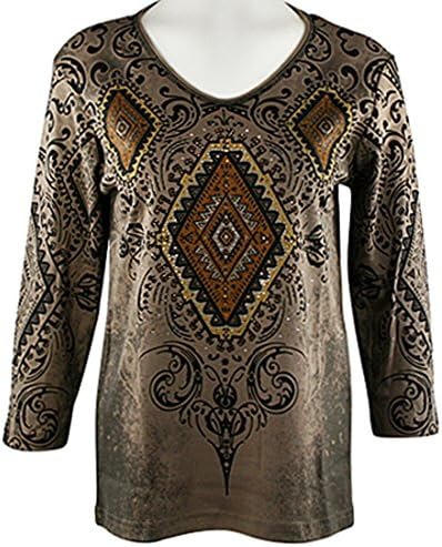 Cactus Bay Apparel Santa Fe, 3/4 Sleeve, V-Neck, Rhinestone Cotton Print Top