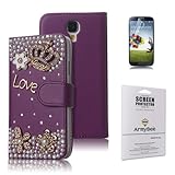 ArmyBee Crystal Love Crown Leather Flip Wallet Case Cover Design for Girls with Card Holder Accessory Slots Bundle with ArmyBee Screen Protector for Samsung Galaxy S4 - Purple