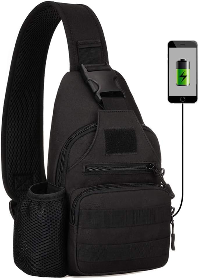 YuanWen Chest Bag Tactical Military Chest Sling Bag Molle Crossbody Shoulder Sling Pack Single Strap Backpack with Water Bottle Holder USB Charger for Outdoors Hiking Camping