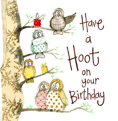 Alex Clark Have A Hoot Happy Birthday Foil Card - Owls - Birds - Tree - Present - Animal - Greetings Cards - Cards for Birthday - Designed and Printed in the UK