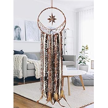 LAVAY Dream Catcher Moon and Octagonal Star Handmade Feather Dream Catchers for Kids Bedroom Bohemian Boho Decor Wall Hanging Ornament Dorm Decoration Craft Gift (Octagonal Star)