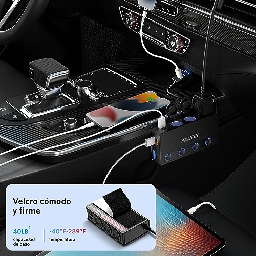 BESTEK Car Charger 180W, USB-C PD USB QC3.0 Car Charger, 12V/24V Car Cigarette Lighter Adapter with 3 Cigarette Sockets 6 USB Ports with LED Display for iPhone Dash Cam