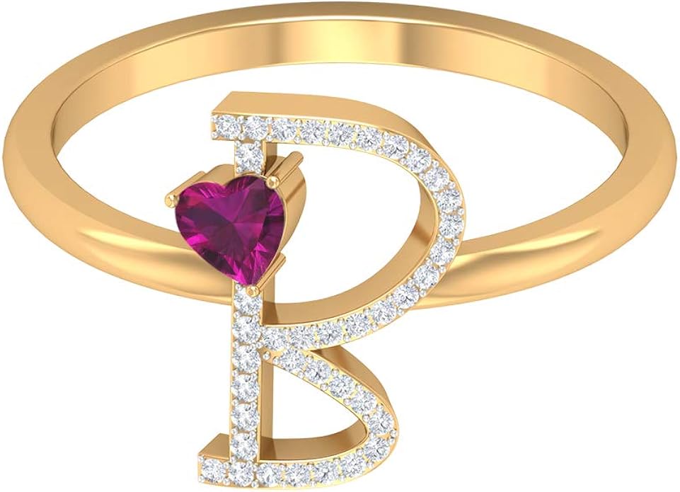 1/3 CT Rhodolite and Diamond Ring, Letter B Ring, Gold Alphabet Jewelry