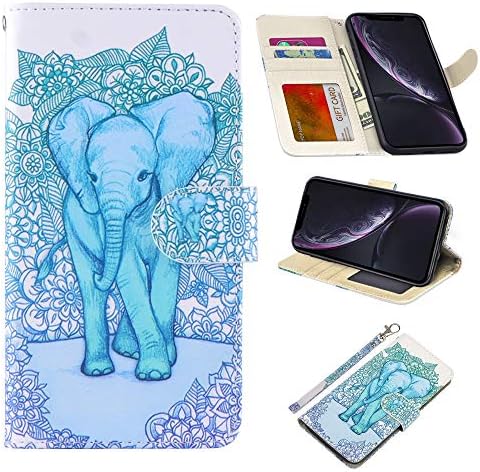 RusseryPek iPhone XR Case Wallet Folio Flip Premium PU Leather Cover with Card Holder Slot Pockets,Wrist Strap,Kickstand,Magnetic Closure for iPhone XR 6.1 inch (2018),Elephant