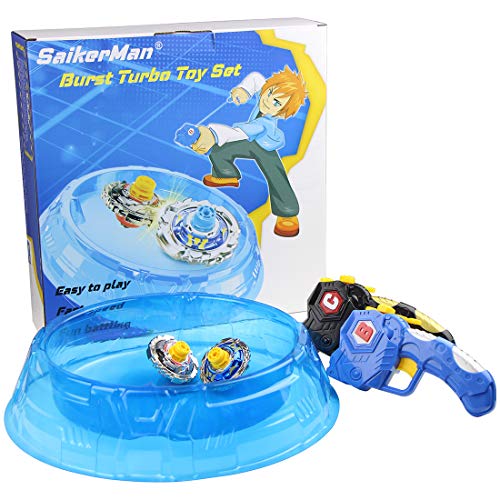 SaikerMan Metal Burst Battling Turbo Top and Launcher Toy with Stadium for Age 8+ - Blue and Black Set
