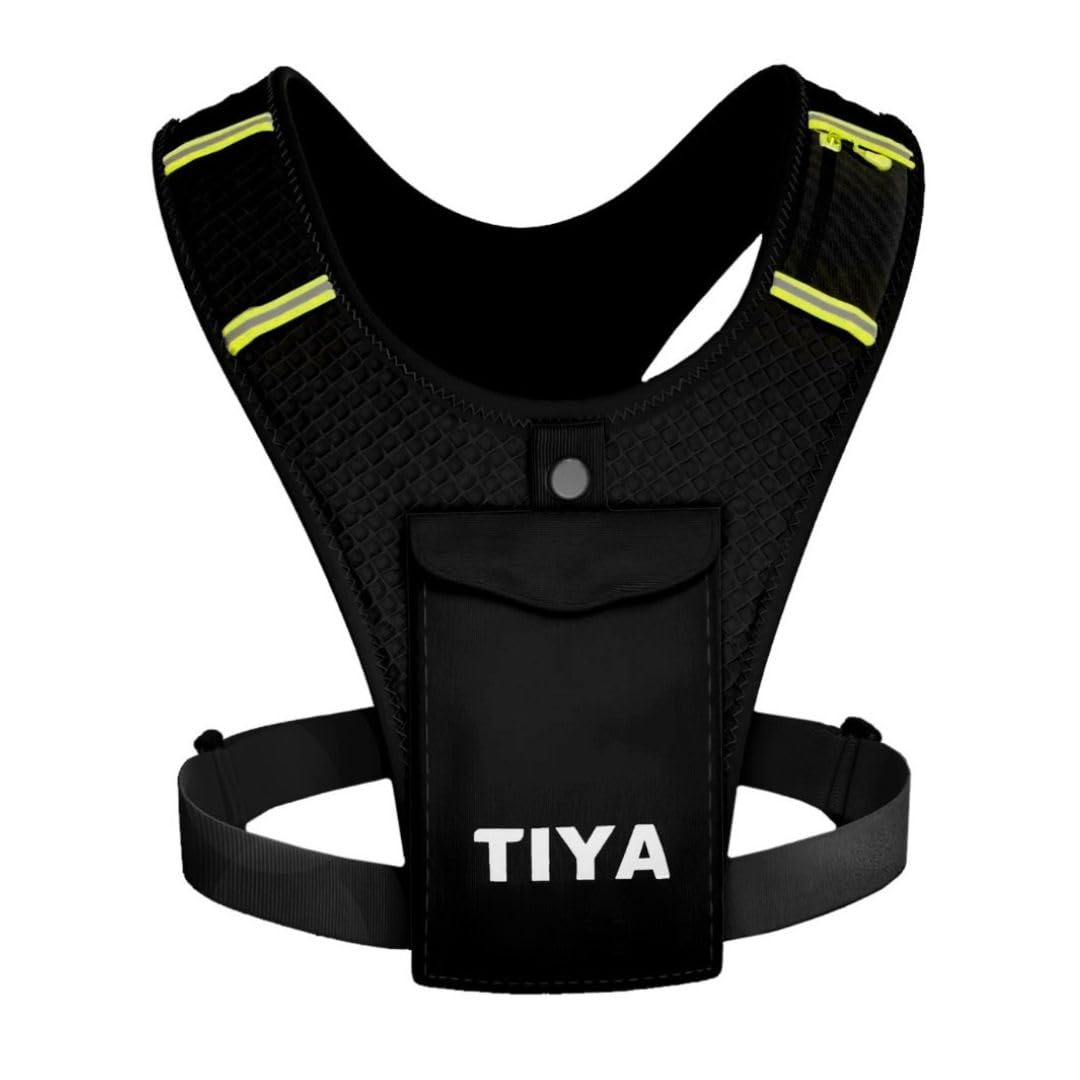 TIYA Running Vest Phone Holder | Waterproof Smartphone Pouch | Zero Bounce | Ultra Lightweight | Reflective | Shoulder Pocket for Keys, Cards & Gel | Adjustable | Men & Women | Black/Yellow