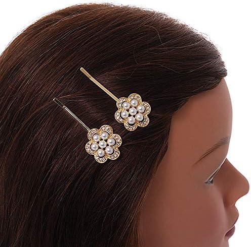 2 Bridal/Prom Clear Crystal, Pearl Flower Hair Grips/Slides In Gold Plating - 60mm Across, white / ivory, gold - Image 4