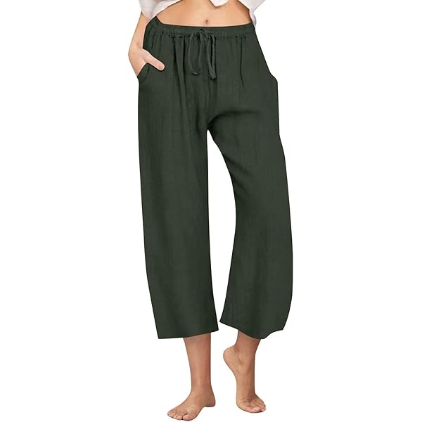 Black Trousers Three Quarter Length Trousers Ladies Womens Capri Pants  Drawstirng Wide Leg Solid Color High