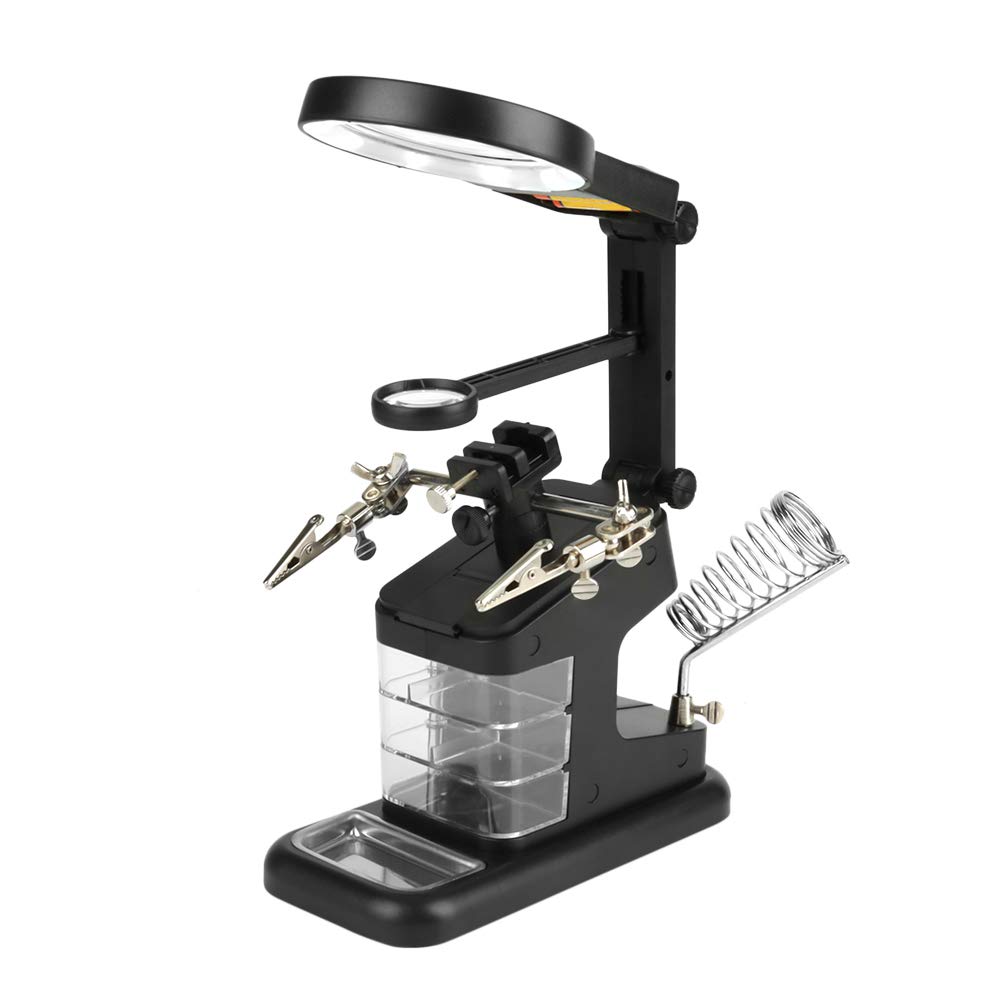 Soldering Helping Hands Magnifier Station, 3X 4.5X 25X USB Electric Magnifier Soldering Holding Devices with LED Lights and Alligator Clips(Black)