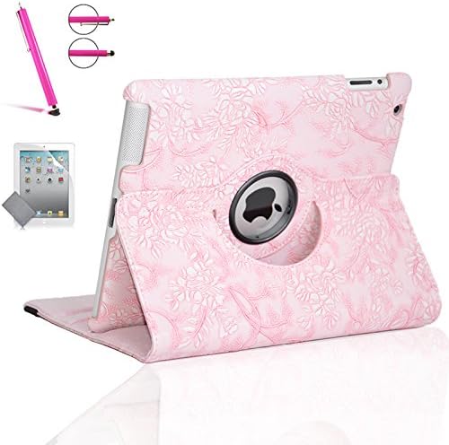 Zeox iPad Air 2 Case - 360 Degree Rotating Stand Case with Smart Cover Auto Sleep/Wake Feature for Apple iPad Air 2 (iPad 6) 2014 Model with Screen Protector Cover and Stylus Pen, Flower Pink
