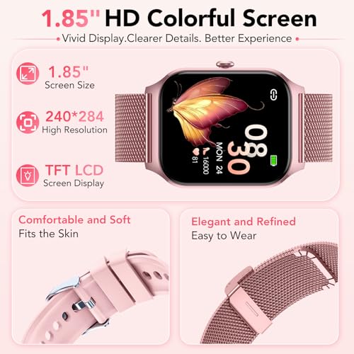 CASCHO Women's Smartwatch 1.85 Inch HD Smartwatch with Bluetooth Calls and AI Voice Assistant, 120+ Sports with Pedometer/Sleep/Heart Rate Monitor, Smart Watch for iOS Android, 2 Straps