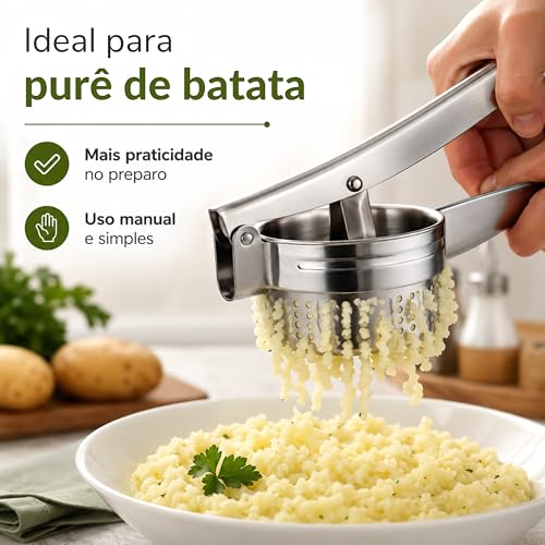 Espremedor de Batata Inox Manual Profissional – Amassador de Batatas e Legumes, Ideal para Purê, Nhoque e Cozinha - Utensílio de Cozinha em Aço Inoxidável