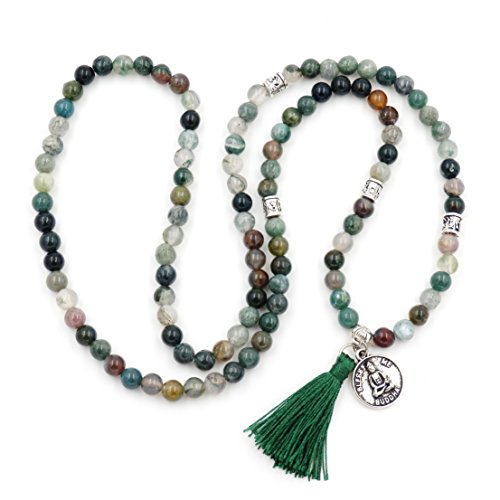 Malahill Mala Beads Bracelet, Buddhist Mala Prayer Beads, Buddha Bless Me Statement Necklace (Indian Agate)