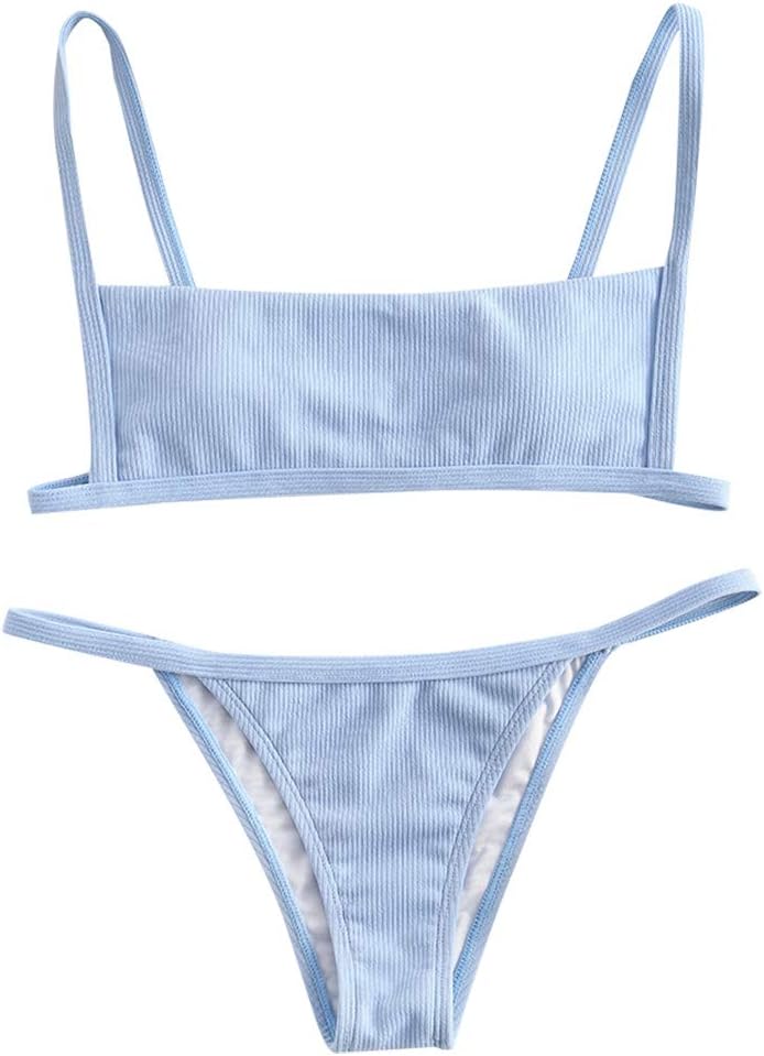 ZAFUL Women's Ribbed Square Neck Padded High Cut String Bikini Set Swimsuit