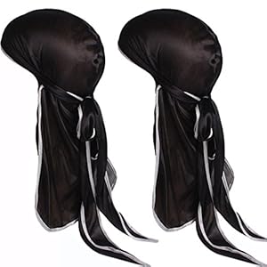 Super iMan Unisex Silky Durag Extra Long-Tail and Wide Straps Headwraps Pirate Cap (2PCS Black)