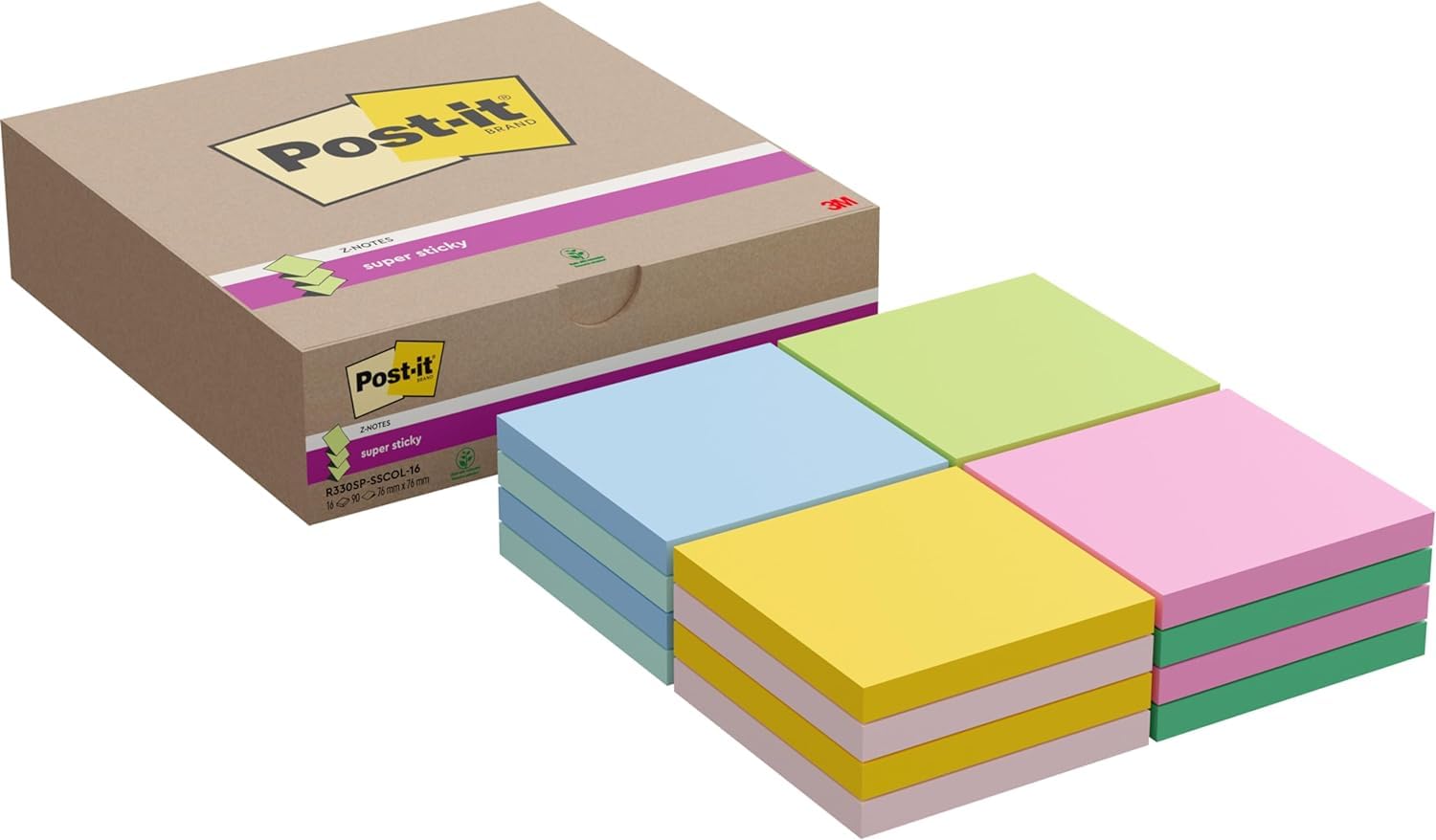 Post-it Super Sticky Z-Notes, 1440 Sheets, Value Pack of 16 Pads, 76 mm x 76 mm - Holds Strong to Many Surfaces - Bright Colours - for Walls, Monitors and Fridge, Recycable