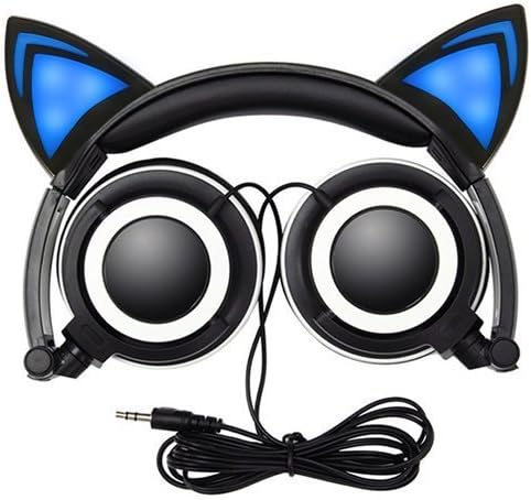 Cat Ear Headphones,SNOW WI Flashing Glowing Cosplay Fancy Cat Headphones Foldable Over-Ear Gaming Headsets Earphone with LED Flash light for iPhone 7/6S/iPad,Android Mobile Phone,Macbook (black)