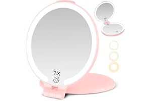 FUNTOUCH 7'' Travel Makeup Mirror with Lights 10X Magnifying, Rechargeable Double Sided 3 Color Lighted Makeup Mirror for Travel Essential, Portable Light up Mirror with dimming,Gifts for Women,Pink