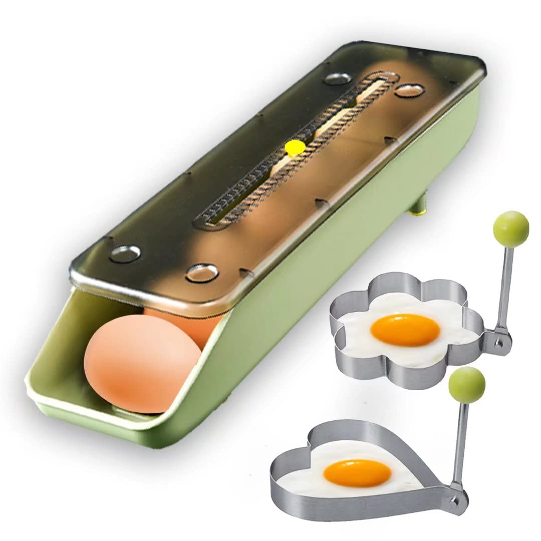 QeeHeng Automatic Rolling Egg Container for Fridge with 2 Pack Ring Set, Storage Box Holder with Lid, Organizer Bin Tray for Household