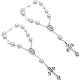 Yourkar 2 PCS Car Rosary for Rearview Mirror, Auto Rosary Religious Car Mirror Hanging Decoration, Personalized Rearview Cross Blessing Beads Decoration, Universal Car Accessories (White)