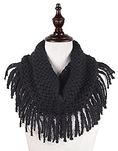 StylesILove Two Tone Womens Winter Warm Mini Tube Infinity Scarf With Fringe (One Size Fits All, Black)