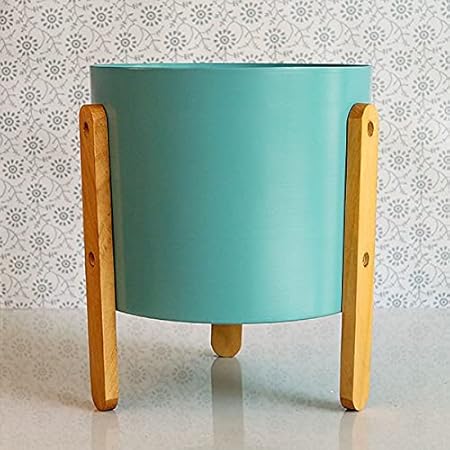 Cinagro Modern Round Metal Pot with Wooden Stand for Table, Balcony, Gardening - Planter Pots for Home, Indoor, Living Room, Outdoor (Teal Blue)