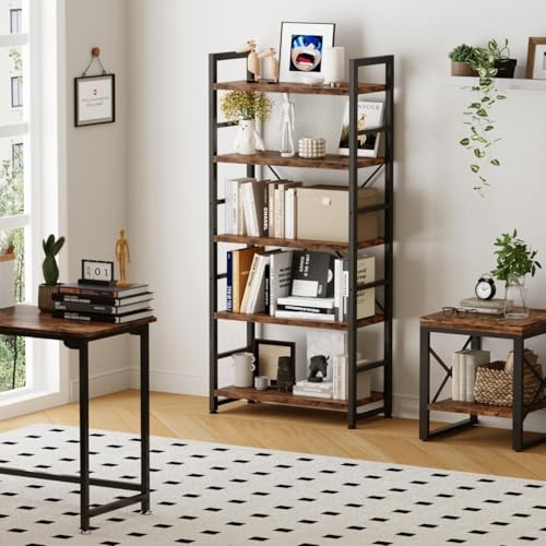 VERMESS Industrial Bookshelf, 5-Tier 24inch Shelving Unit Wood Bookcase with Open Shelves, Standing Bookshelves Metal Frame Display Rack for Living Room,Bedroom, 24.8 * 11.8 * 63 inch，Rustic Brown