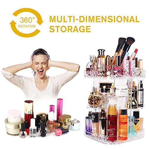 360 Lazy Susan Makeup Organizer, Square Bathroom Shelf Revolving Countertop Tower Display Case Cosmetic Storage Holder, Crystal Clear