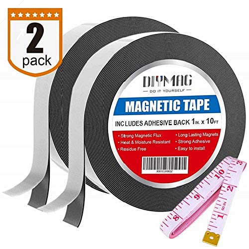 Flexible Magnetic Tape - 1 inch x 10 Feet Magnetic Strip with Strong Self Adhesive - Ideal Magnetic Roll for Craft and DIY Projects - Sticky Magnets for Fridge and Dry Erase Board, Pack of 2