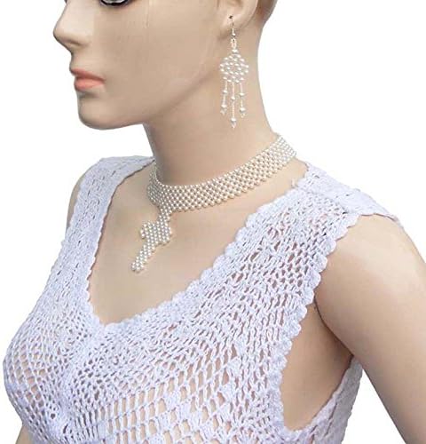 CREAM PEARL BEADS VICTORIAN BEADWORK CROSS CHOKER NECKLACE EARRINGS JEWELRY 43/5