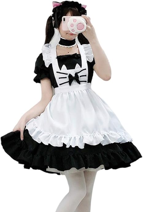 Amazon Yueei メイド服 コスプレ 猫 ハロウィン 仮装 エプロン カチューシャ 衣装 可愛い イベント パーティー レディース 大人用 ワンピース ニーハイソックス付き L コスプレ 仮装 通販