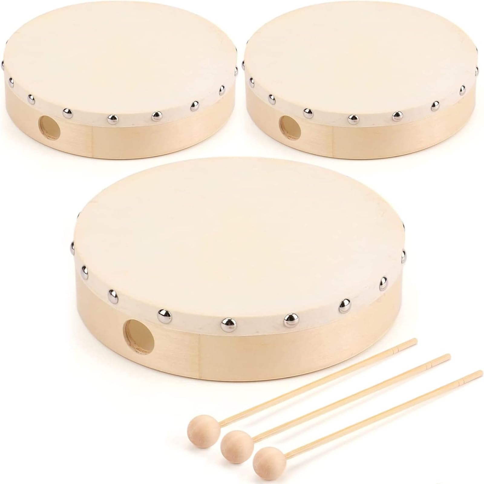 Photo 1 of Foraineam 3 Pack 8 Inches Hand Drum Goatskin Drumhead Wood Frame Drum with Beater
